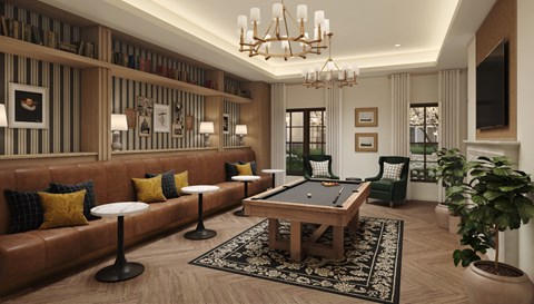 a living room with a pool table in the center